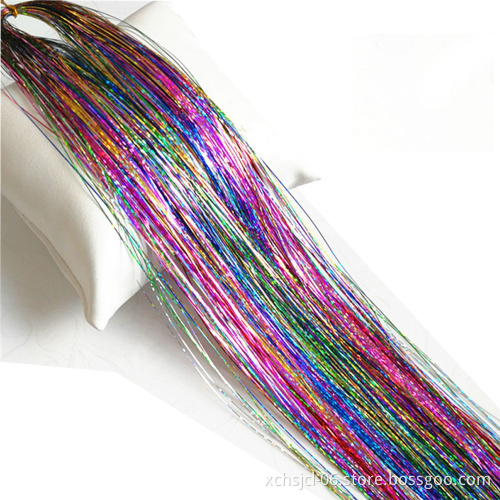Wholesale100-200 Strands Silk Flash Shiny Hair Tinsel Party Highlights Glitter Super Bright Synthetic Hair Extension for gorl